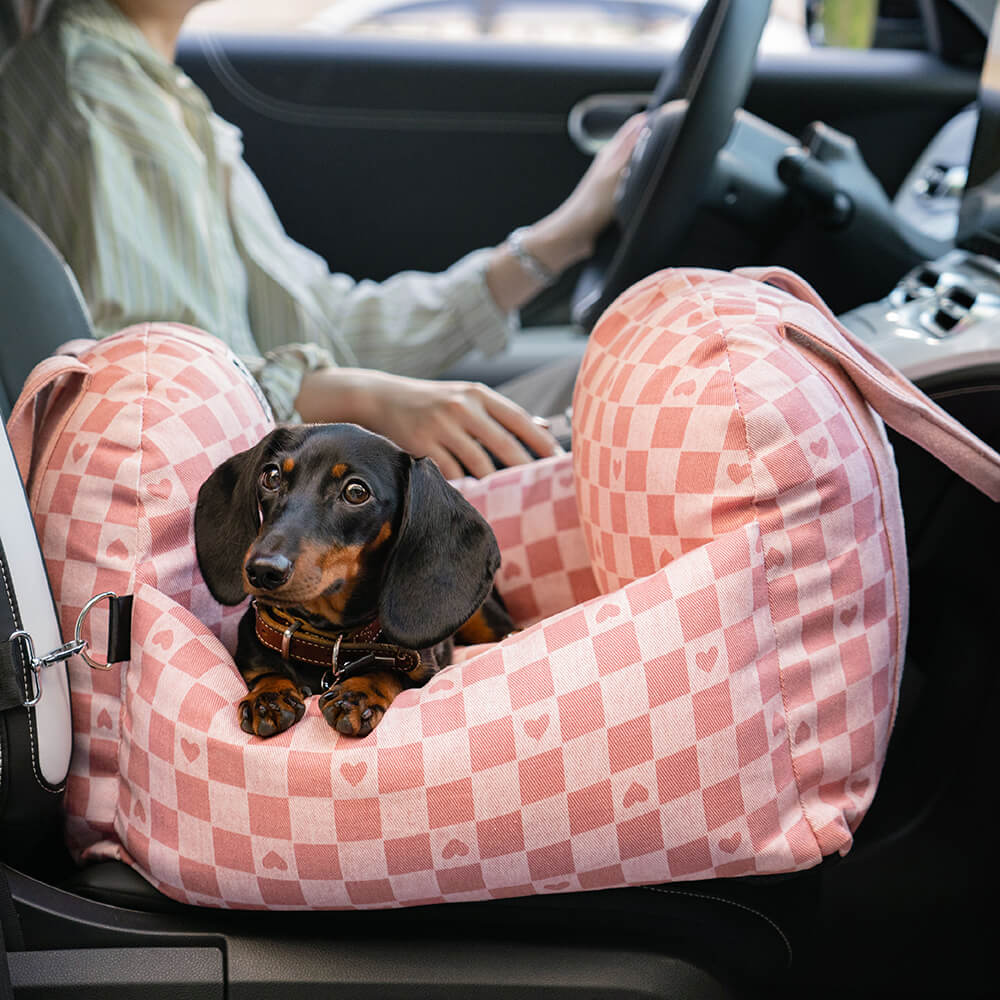 Cama para Asiento de Coche para Perros Vintage a Cuadros con Corazones