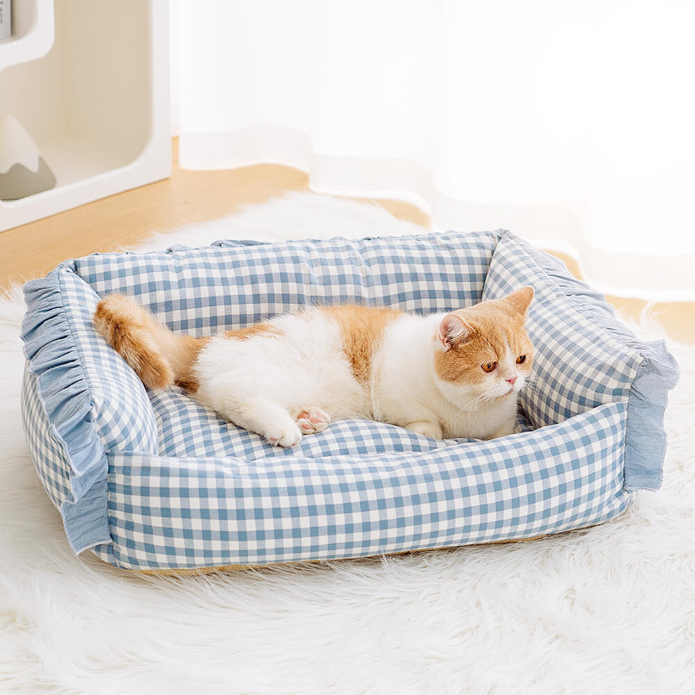 Cama Desmontable de Moda con Pliegues a Cuadros y Cálida para Perros y Gatos