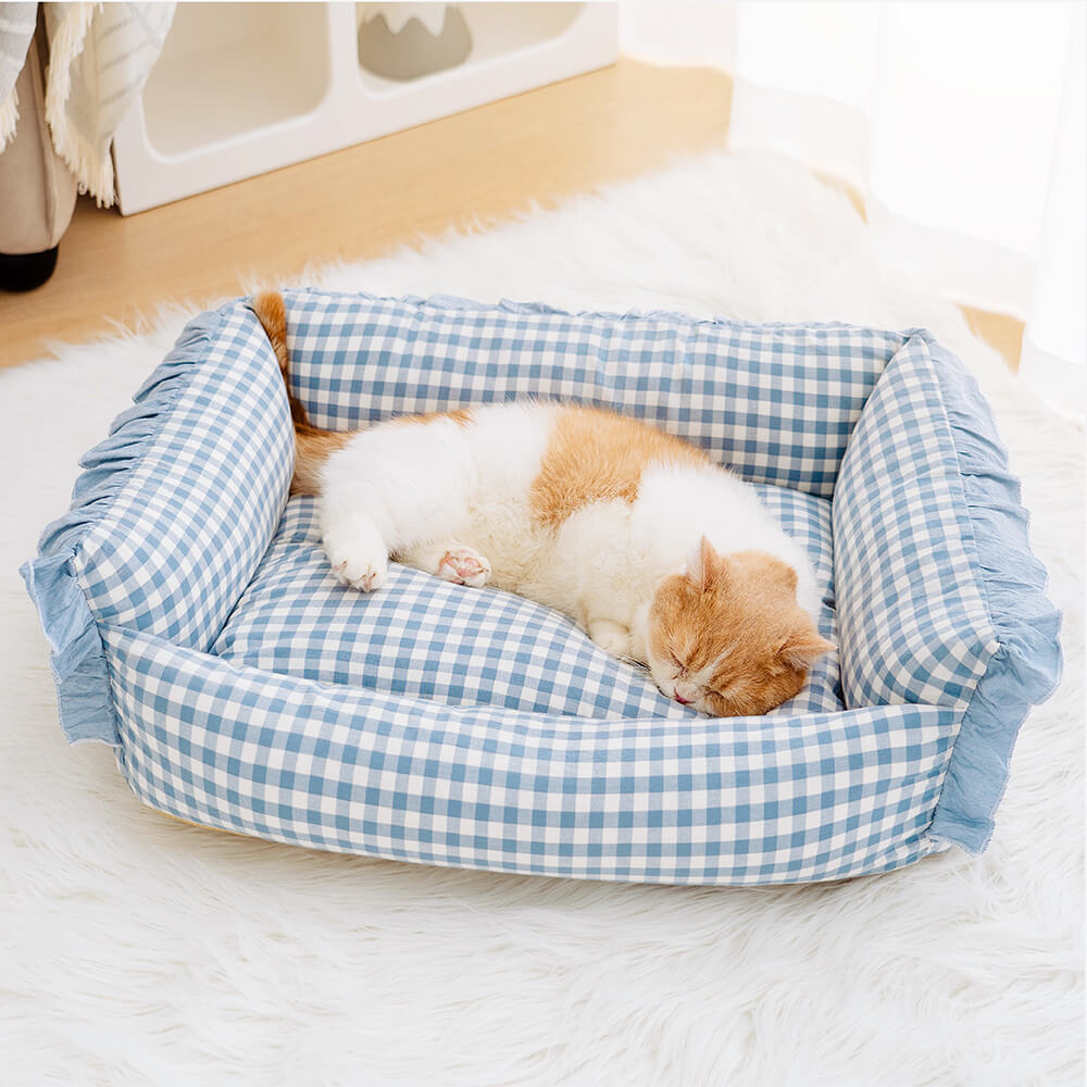 Cama Desmontable de Moda con Pliegues a Cuadros y Cálida para Perros y Gatos