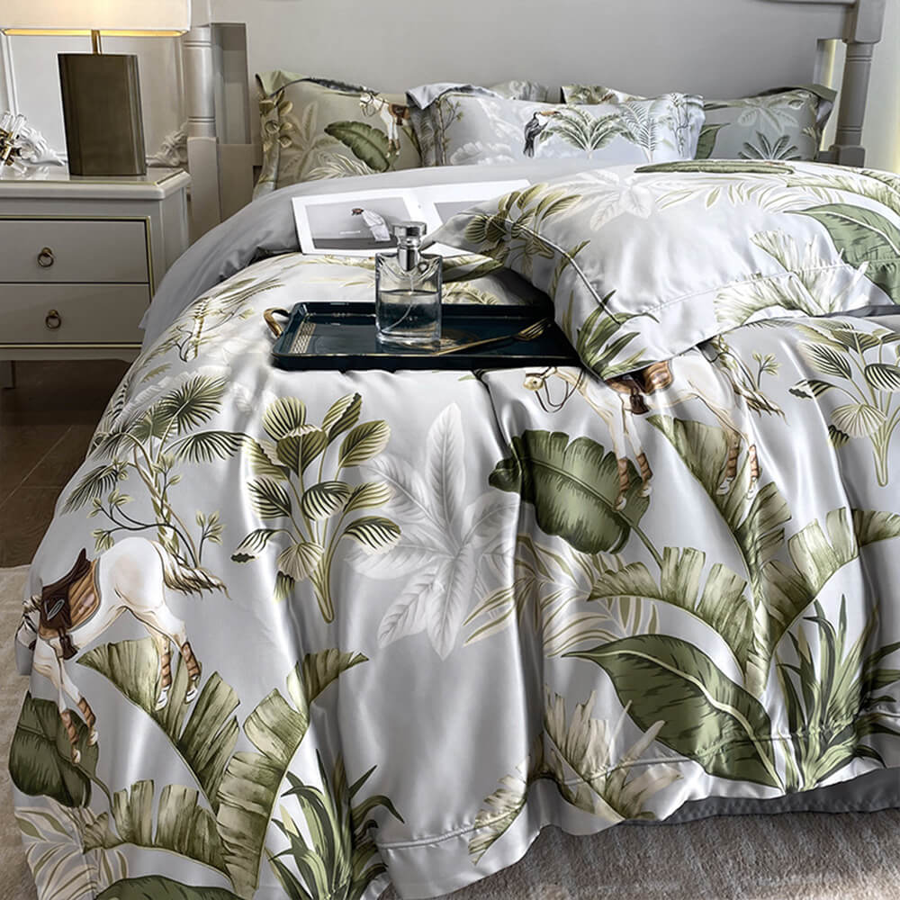 Juego de sábanas de verano de seda helada natural con estampado nórdico de flores