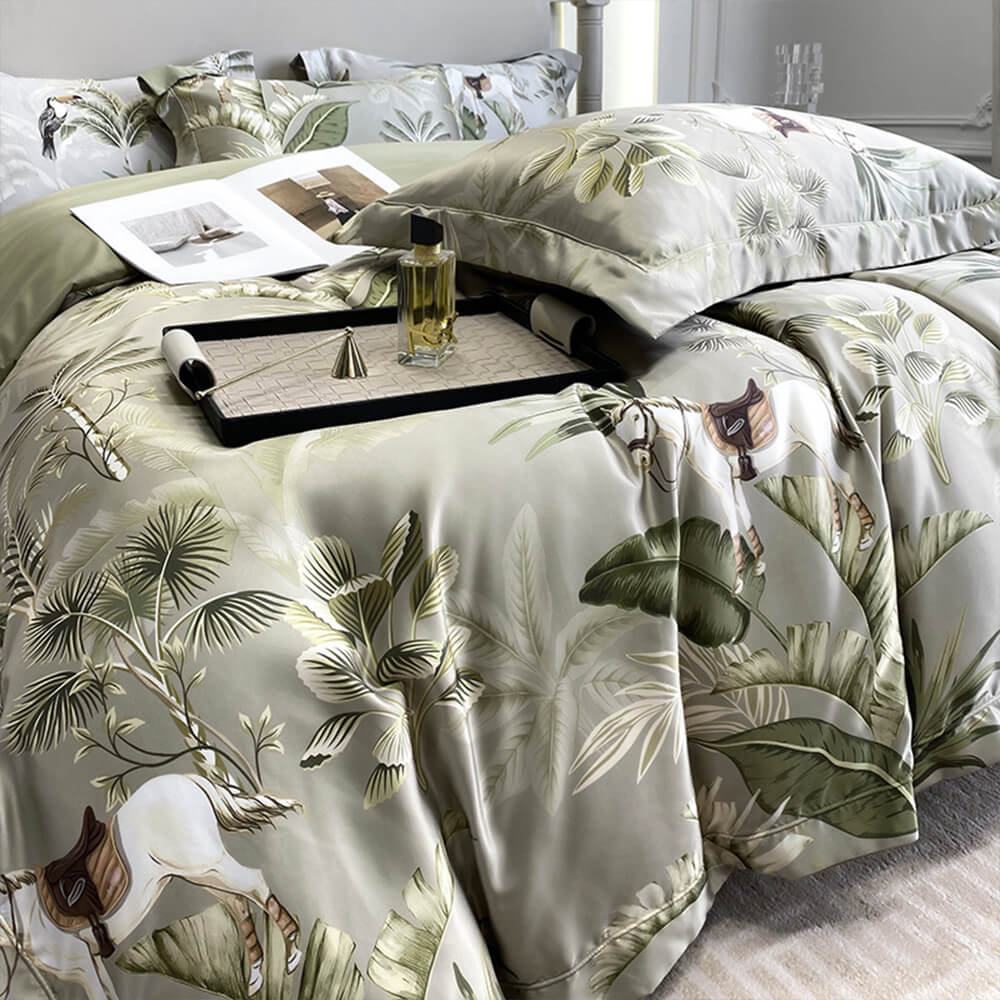 Juego de sábanas de verano de seda helada natural con estampado nórdico de flores