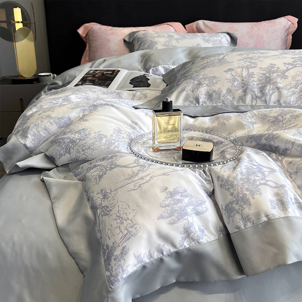 Juego de sábanas de verano de seda helada natural con estampado nórdico de flores
