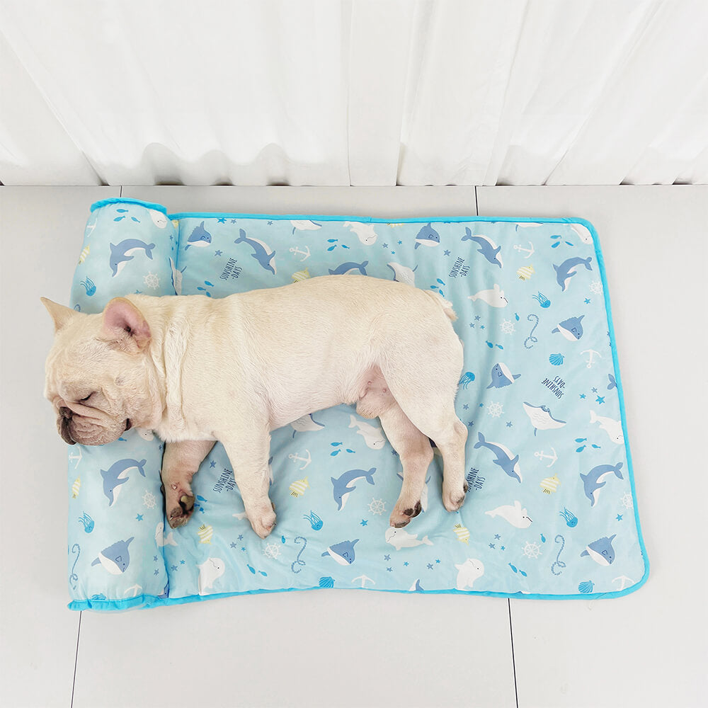 Manta para perros de seda helada transpirable y refrescante de la serie Ocean con almohada