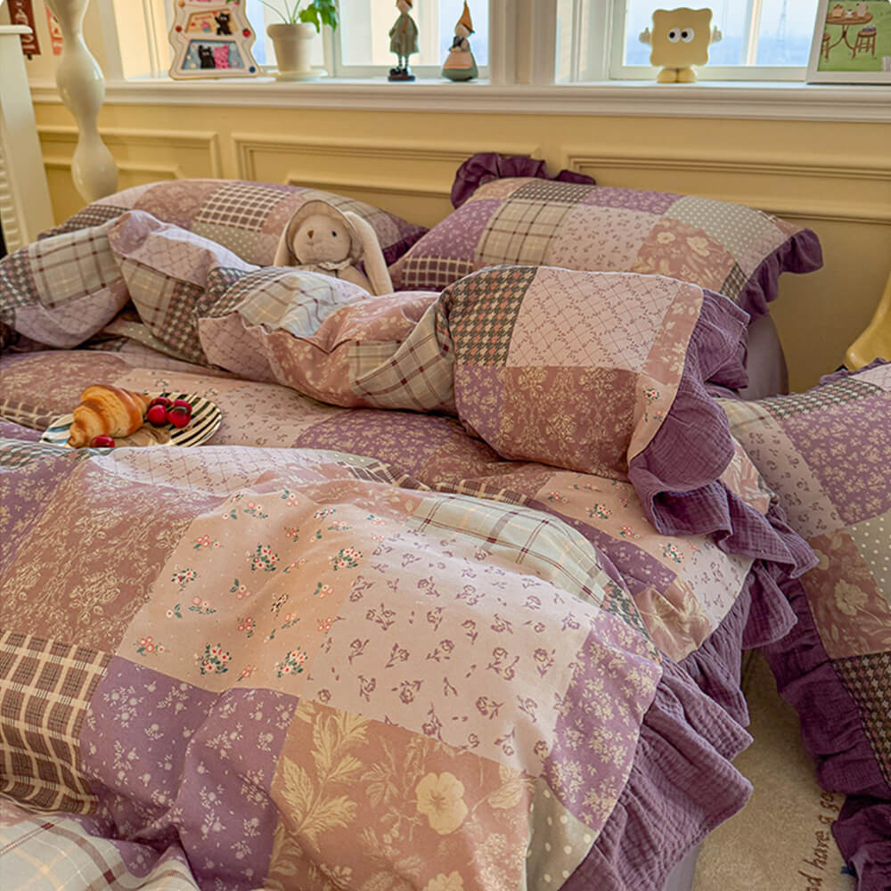 Conjunto de sábanas de encaje de algodón doble color bloque romántico