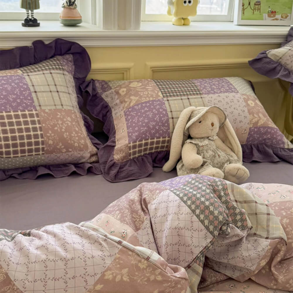 Conjunto de sábanas de encaje de algodón doble color bloque romántico