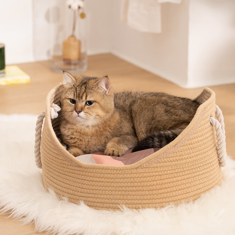 Cama para gatos de mimbre para mascotas, cuna hecha a mano duradera de paja