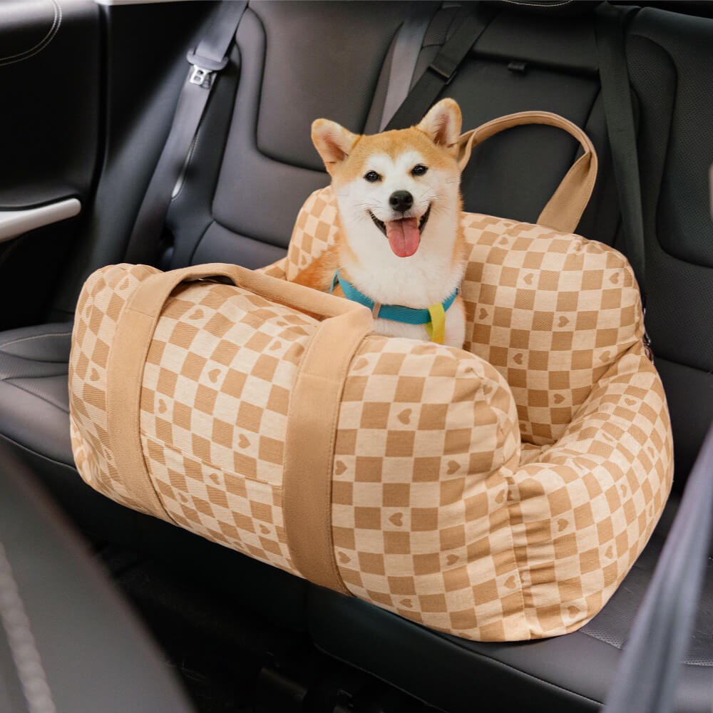 Cama para asiento de coche para perro con diseño de tablero de ajedrez y corazón vintage