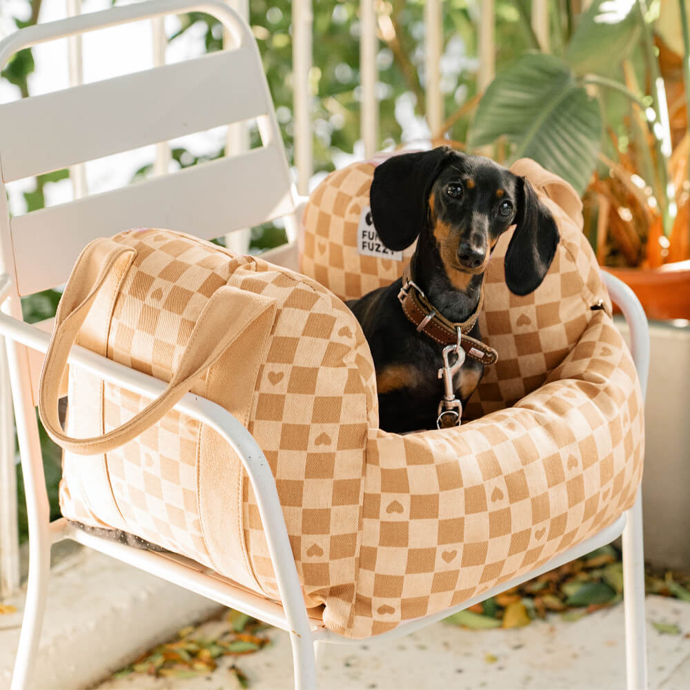 Cama para asiento de coche para perro con diseño de tablero de ajedrez y corazón vintage