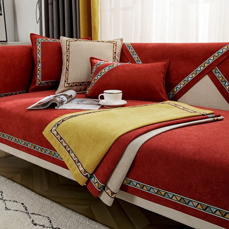 Funda de sofá cómoda antideslizante de chenilla de color sólido con decoración geométrica
