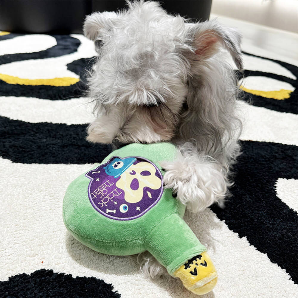 Juguete de peluche para dentición de perro con forma de botella de medicina divertida de Halloween