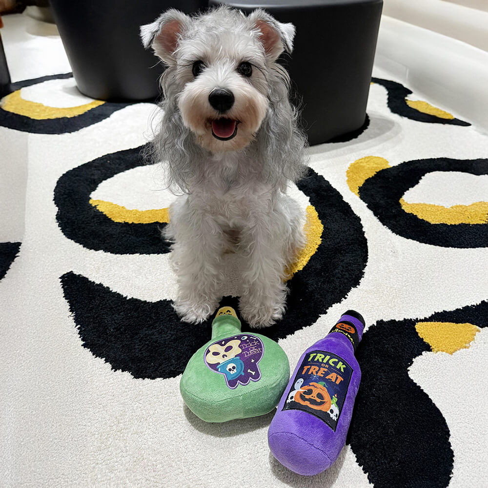 Juguete de peluche para dentición de perro con forma de botella de medicina divertida de Halloween