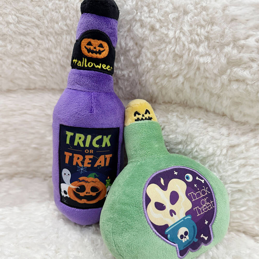 Juguete de peluche para dentición de perro con forma de botella de medicina divertida de Halloween