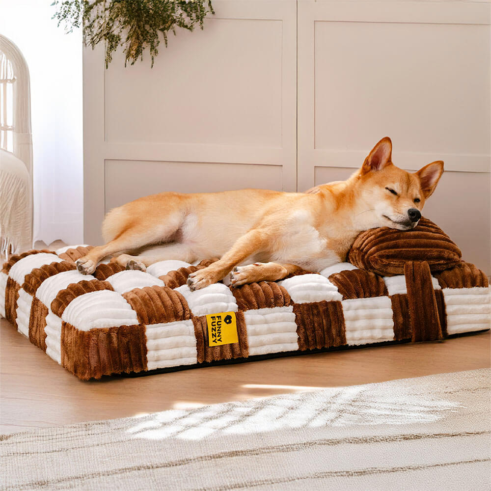 Cama ortopédica para perros con soporte de tablero de ajedrez de felpa hecha a mano con almohada