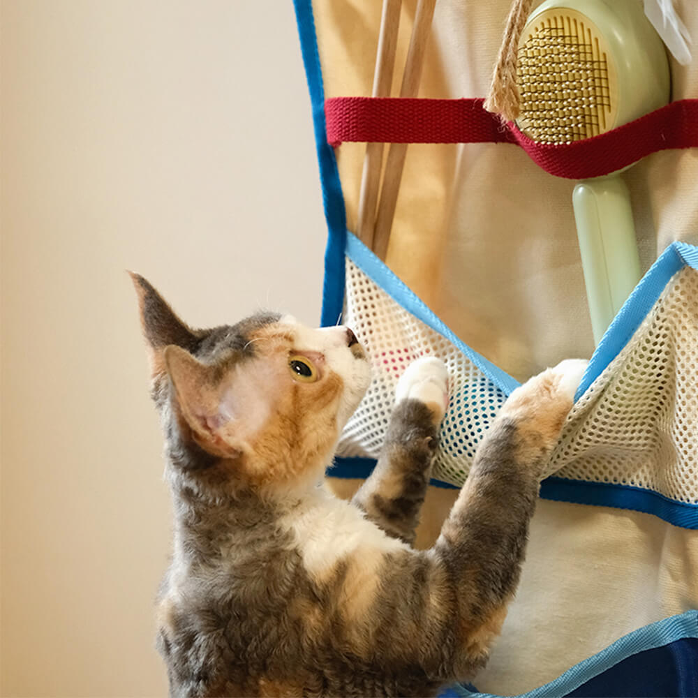 Bolsa de almacenamiento para juguetes de gato de múltiples bolsillos montada en la pared