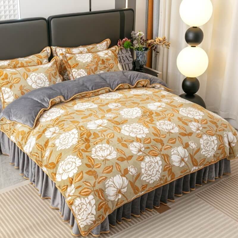 Patrón de hoja moderno Reta de cama de terciopelo suave de leche suave con falda de cama