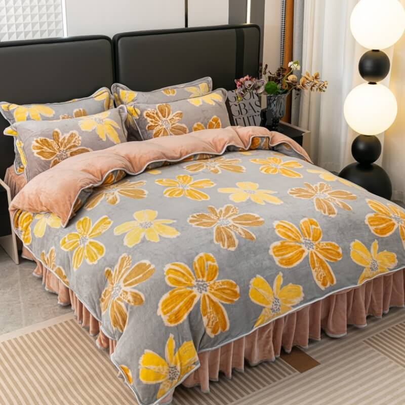 Patrón de hoja moderno Reta de cama de terciopelo suave de leche suave con falda de cama