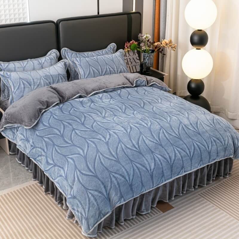 Patrón de hoja moderno Reta de cama de terciopelo suave de leche suave con falda de cama