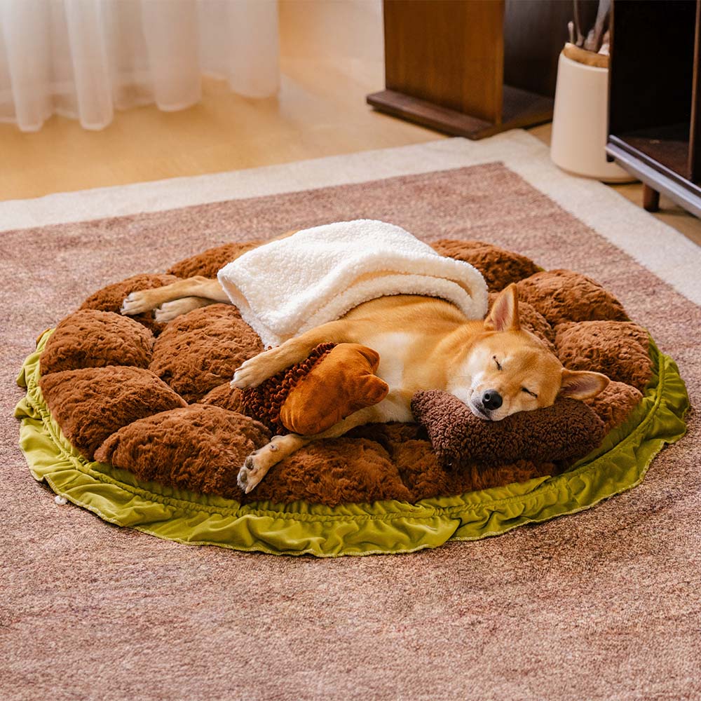 Cama para perros ajustable y relajante inspirada en la naturaleza: nido de felpa