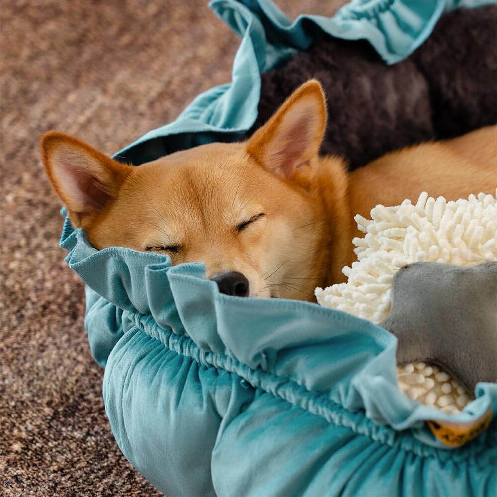 Cama para perros ajustable y relajante inspirada en la naturaleza: nido de felpa