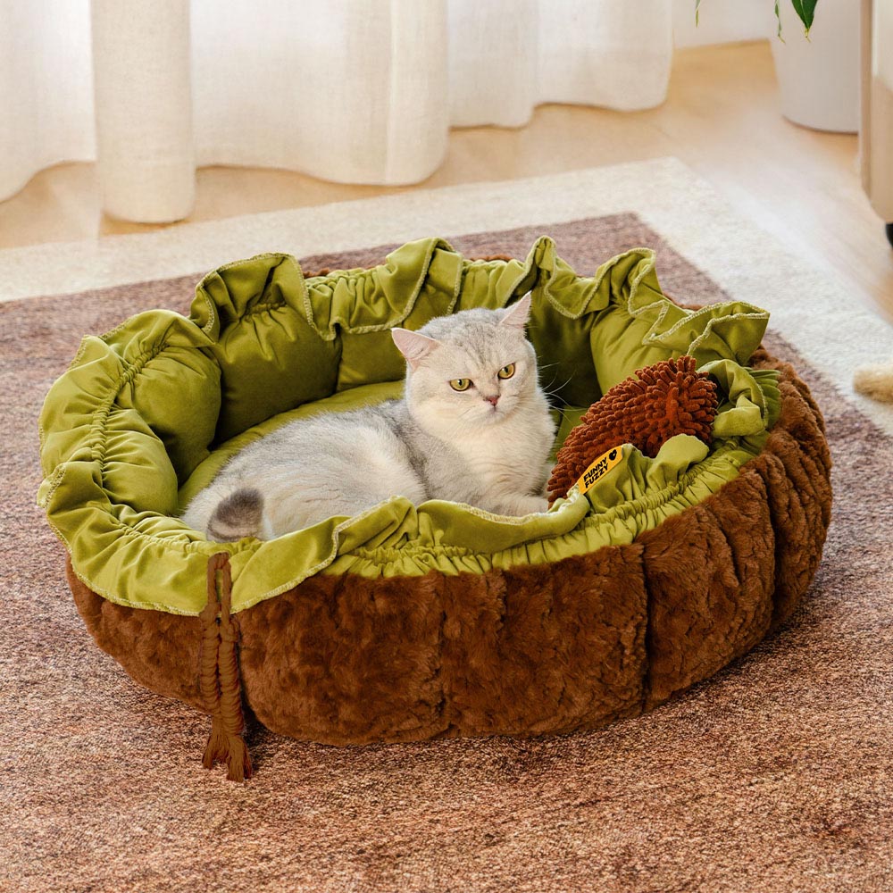 Cama para perros ajustable y relajante inspirada en la naturaleza: nido de felpa