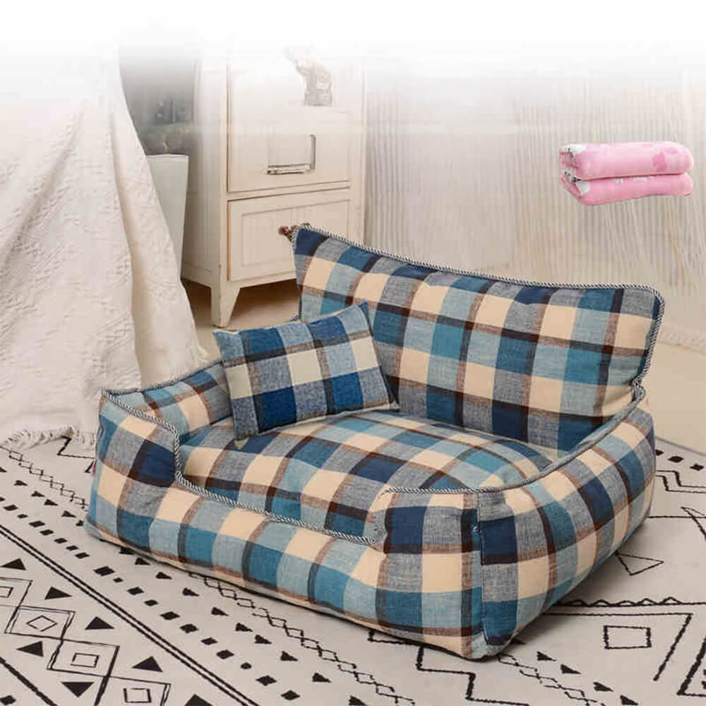 Sofá cama para perros y gatos, cálido, extraíble y lavable, con manta y almohada a juego, estilo vintage a cuadros