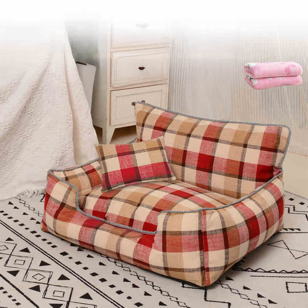 Sofá cama para perros y gatos, cálido, extraíble y lavable, con manta y almohada a juego, estilo vintage a cuadros