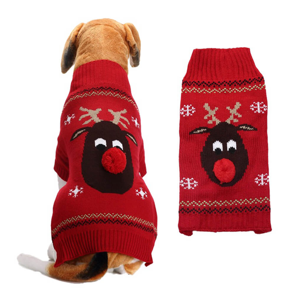 Suéter de punto cálido de cuello alto con diseño de reno navideño para perro