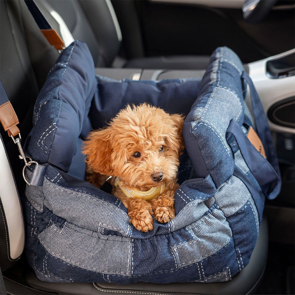 Cama de Asiento para Perro de Viaje con Refuerzo de Seguridad y Acolchado de Mezclilla Vintage