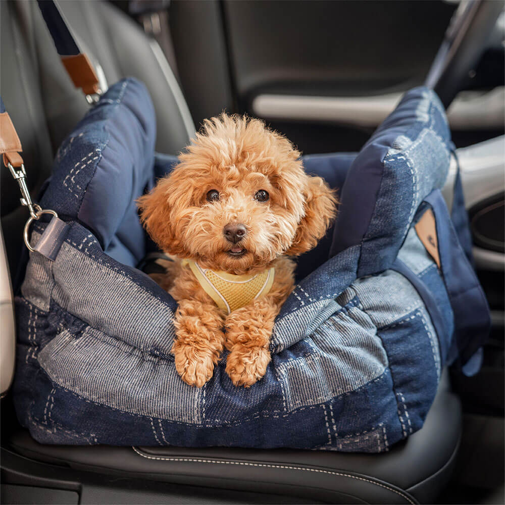 Cama de Asiento para Perro de Viaje con Refuerzo de Seguridad y Acolchado de Mezclilla Vintage