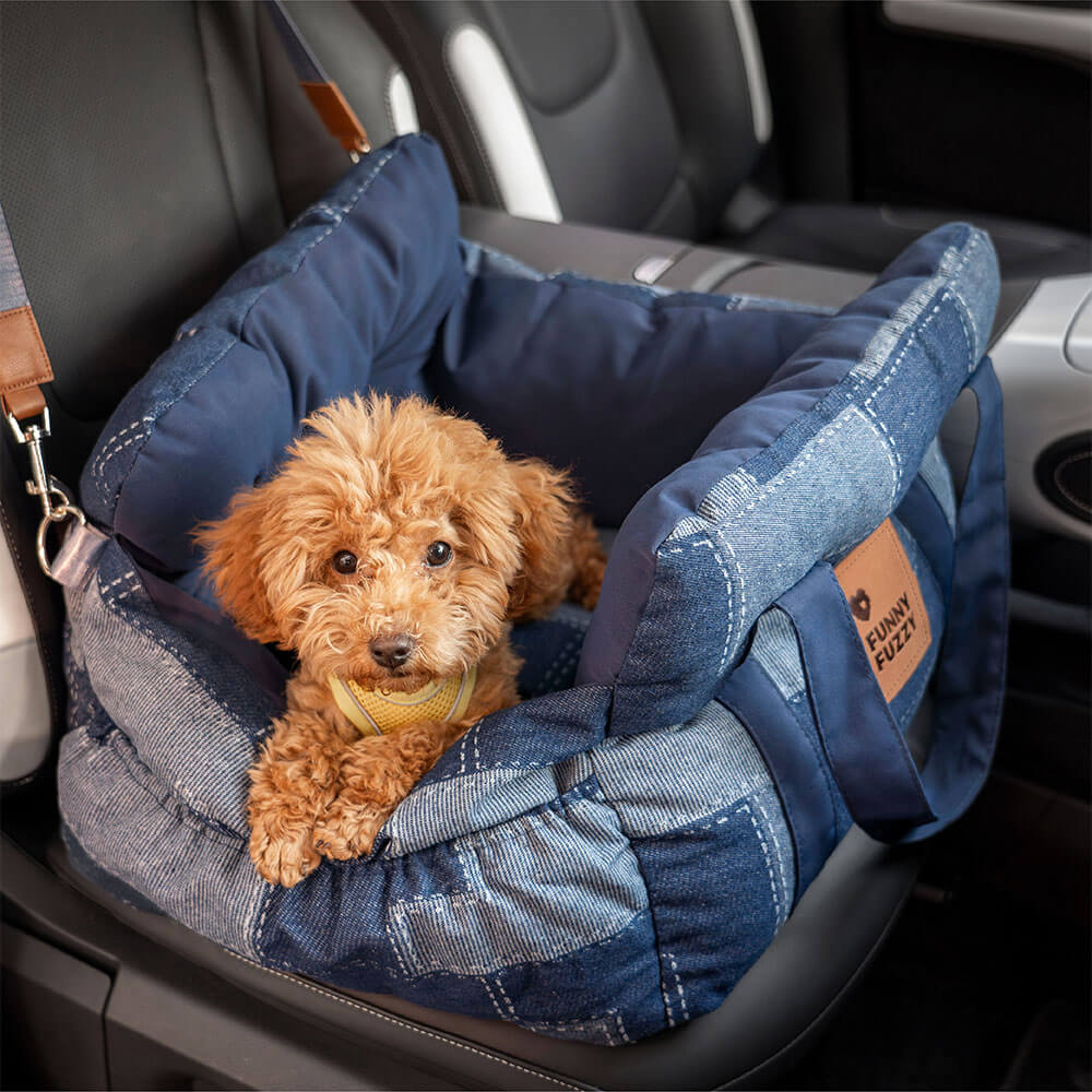 Cama de Asiento para Perro de Viaje con Refuerzo de Seguridad y Acolchado de Mezclilla Vintage