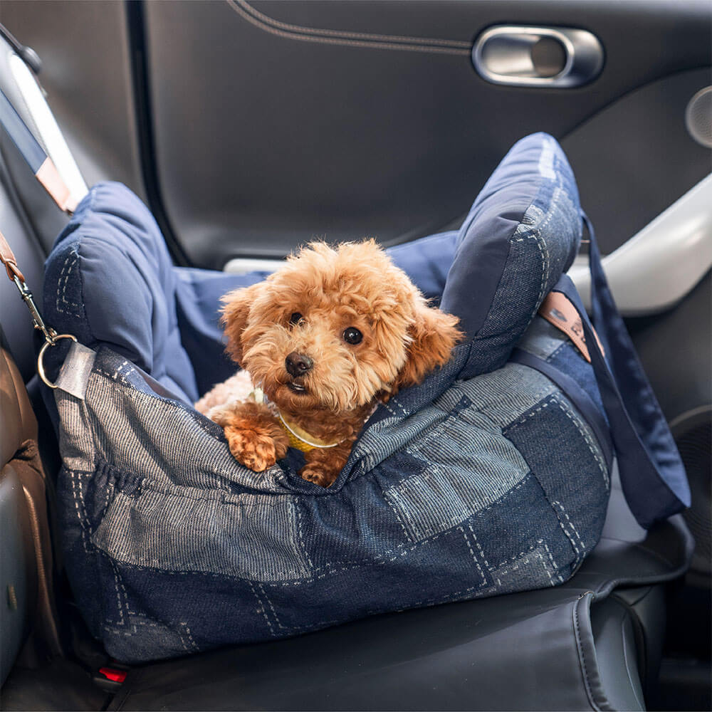 Cama de Asiento para Perro de Viaje con Refuerzo de Seguridad y Acolchado de Mezclilla Vintage