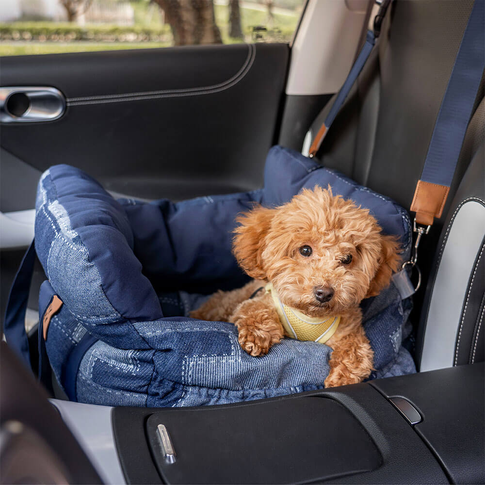 Cama de Asiento para Perro de Viaje con Refuerzo de Seguridad y Acolchado de Mezclilla Vintage