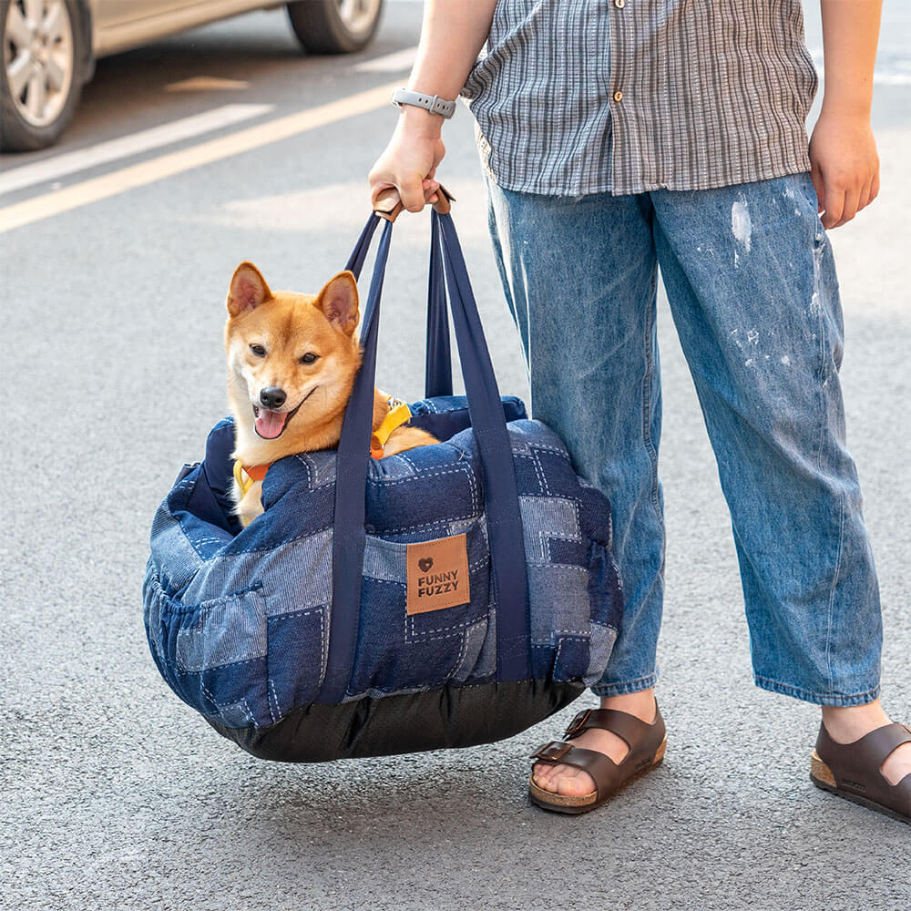 Cama de Asiento para Perro de Viaje con Refuerzo de Seguridad y Acolchado de Mezclilla Vintage