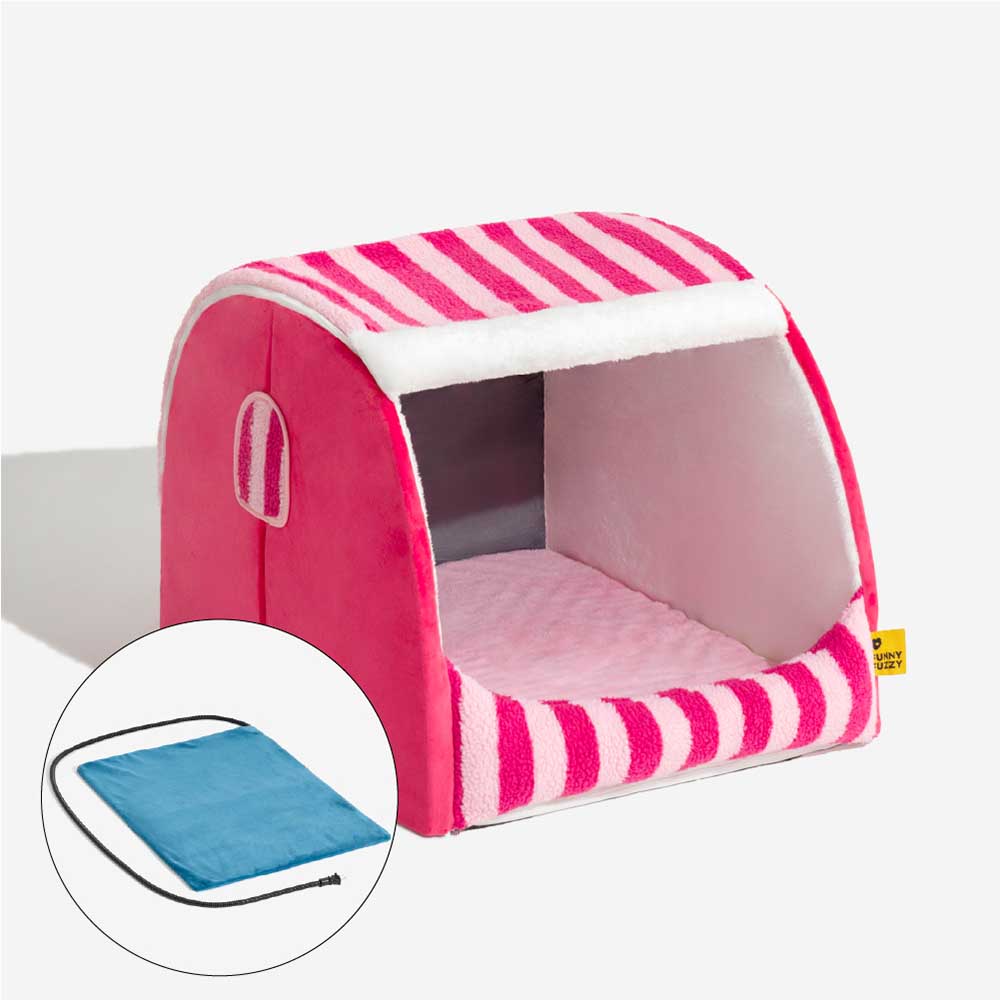 Cama ortopédica para perros con diseño de casa a rayas de moda: Cozy Hideaway