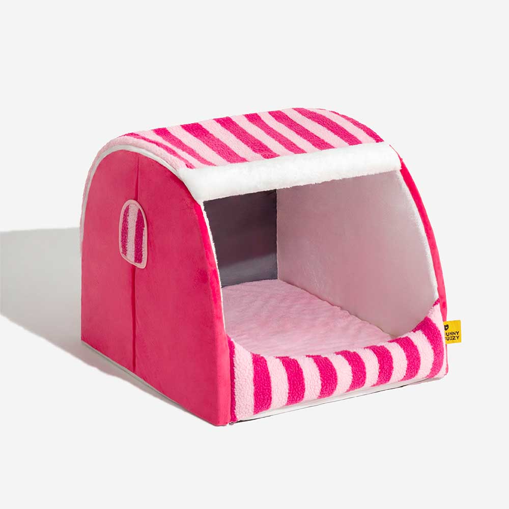 Cama ortopédica para perros con diseño de casa a rayas de moda: Cozy Hideaway