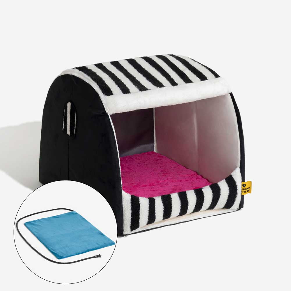 Cama ortopédica para perros con diseño de casa a rayas de moda: Cozy Hideaway