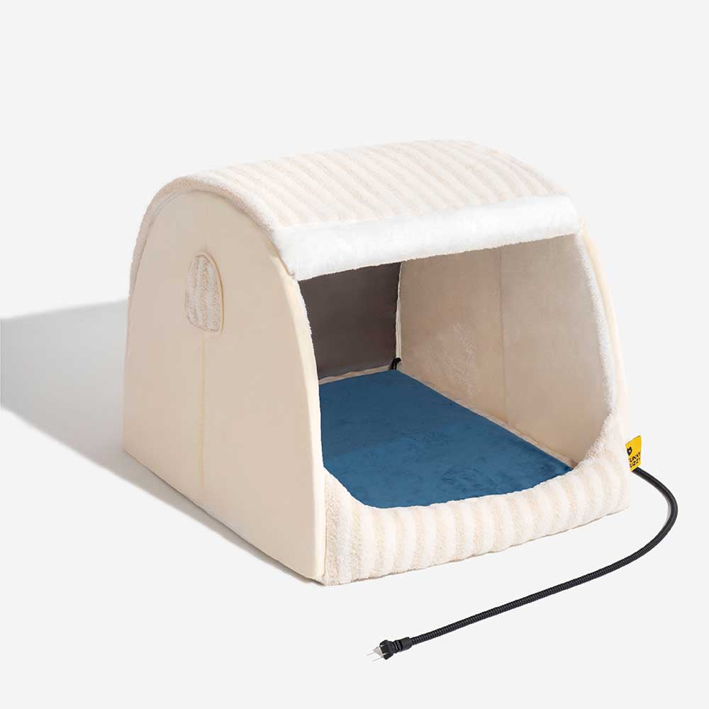 Cama ortopédica para perros con diseño de casa a rayas de moda: Cozy Hideaway