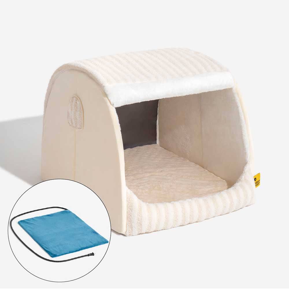 Cama ortopédica para perros con diseño de casa a rayas de moda: Cozy Hideaway