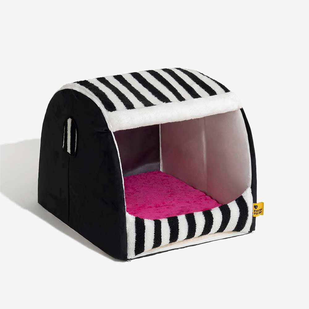 Cama ortopédica para perros con diseño de casa a rayas de moda: Cozy Hideaway