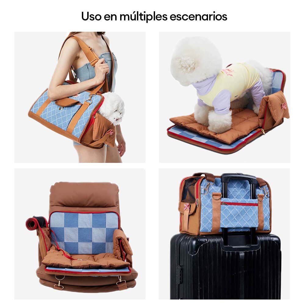 Bolsa para mascotas multiusos con diseño de cuadros retro de mezclilla