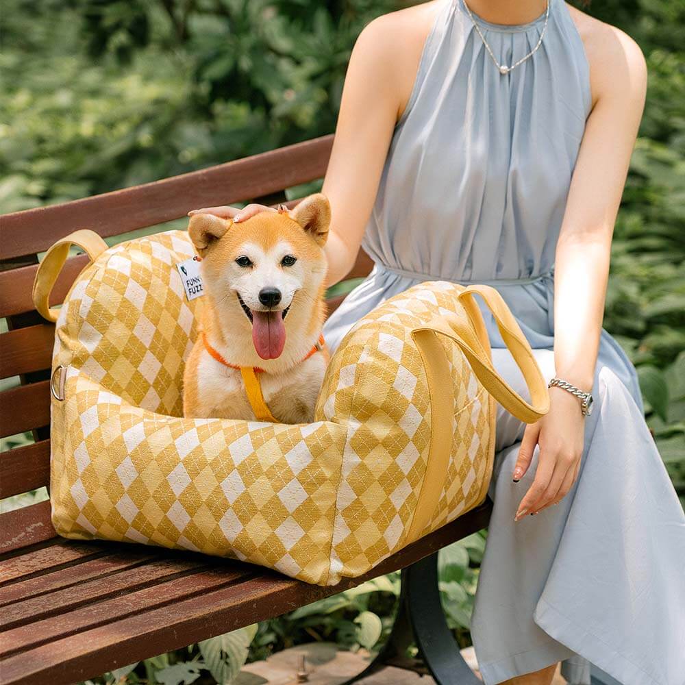 Cama para asiento de coche para perro con diseño de tablero de ajedrez y corazón vintage