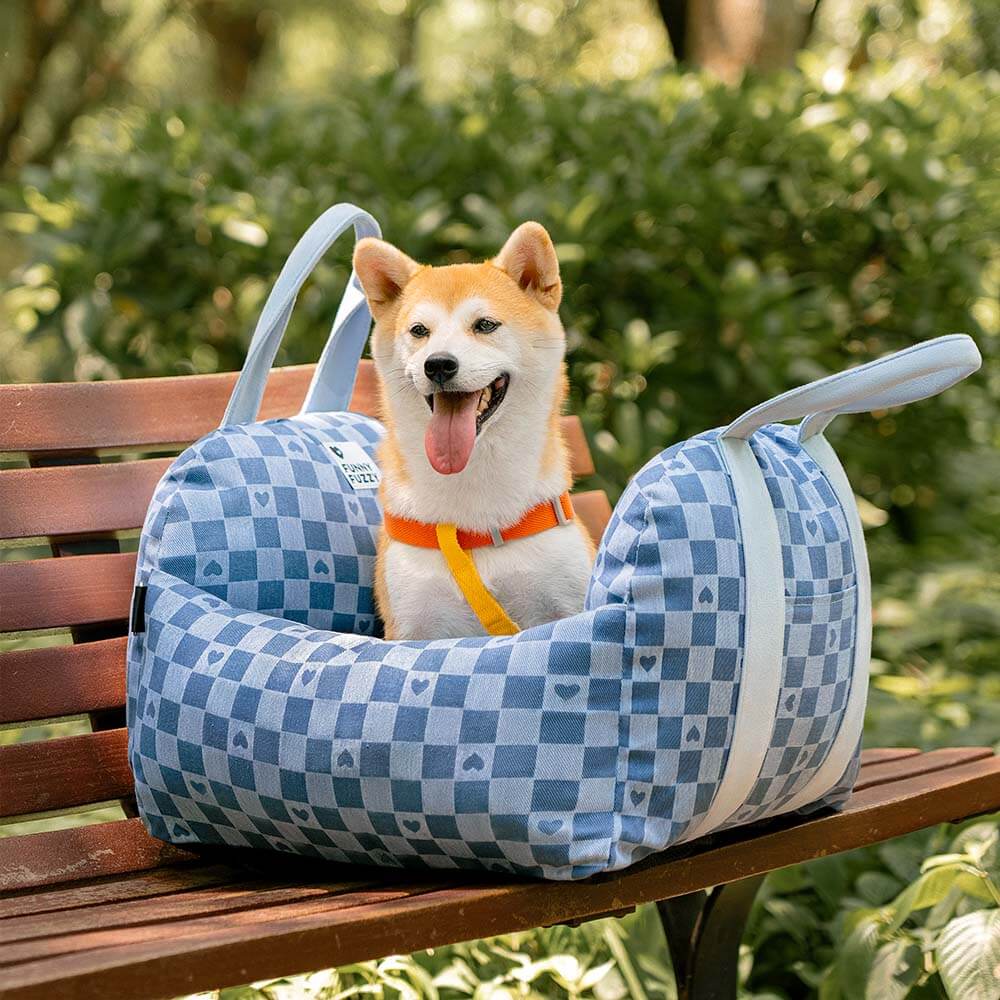 Cama para asiento de coche para perro con diseño de tablero de ajedrez y corazón vintage