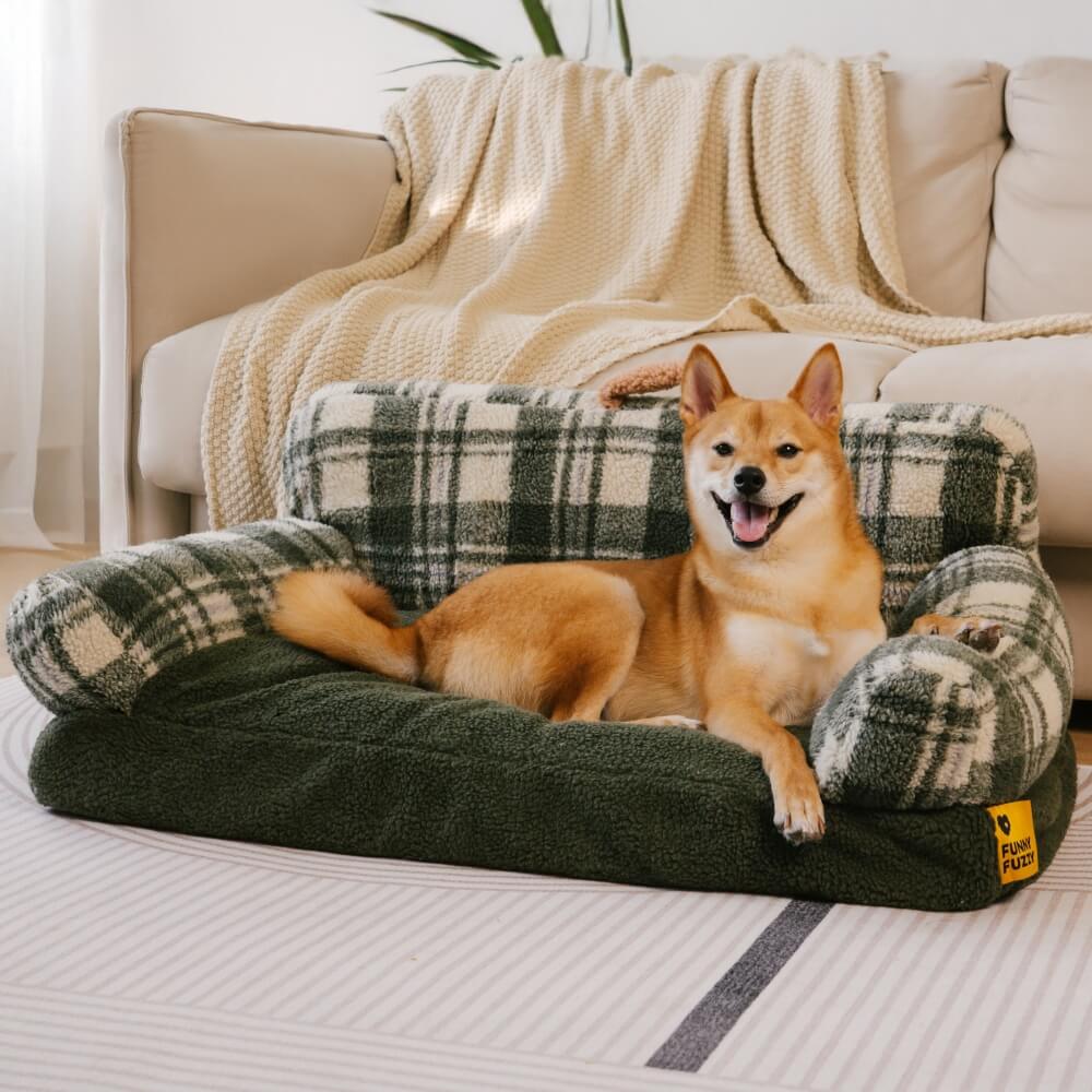 Sofá cama vintage a cuadros lavable y relajante para perros y gatos