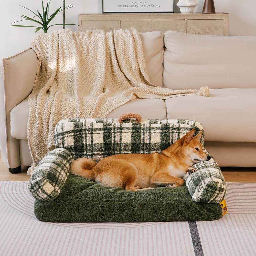 Sofá cama vintage a cuadros lavable y relajante para perros y gatos