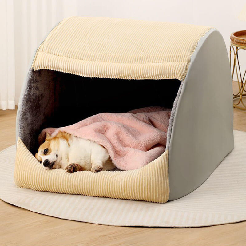 Cama para Perros Grande Semicerrada y Desmontable de Franela Cálida