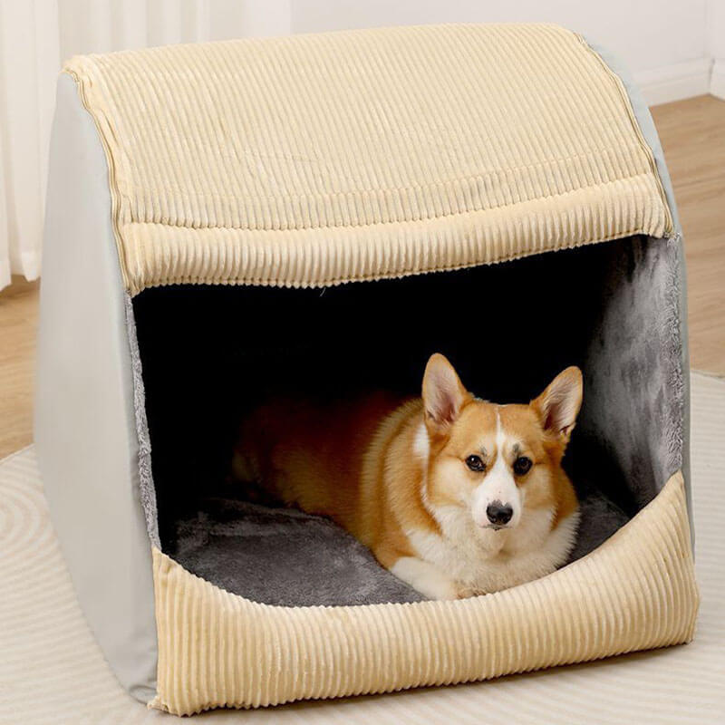 Cama para Perros Grande Semicerrada y Desmontable de Franela Cálida