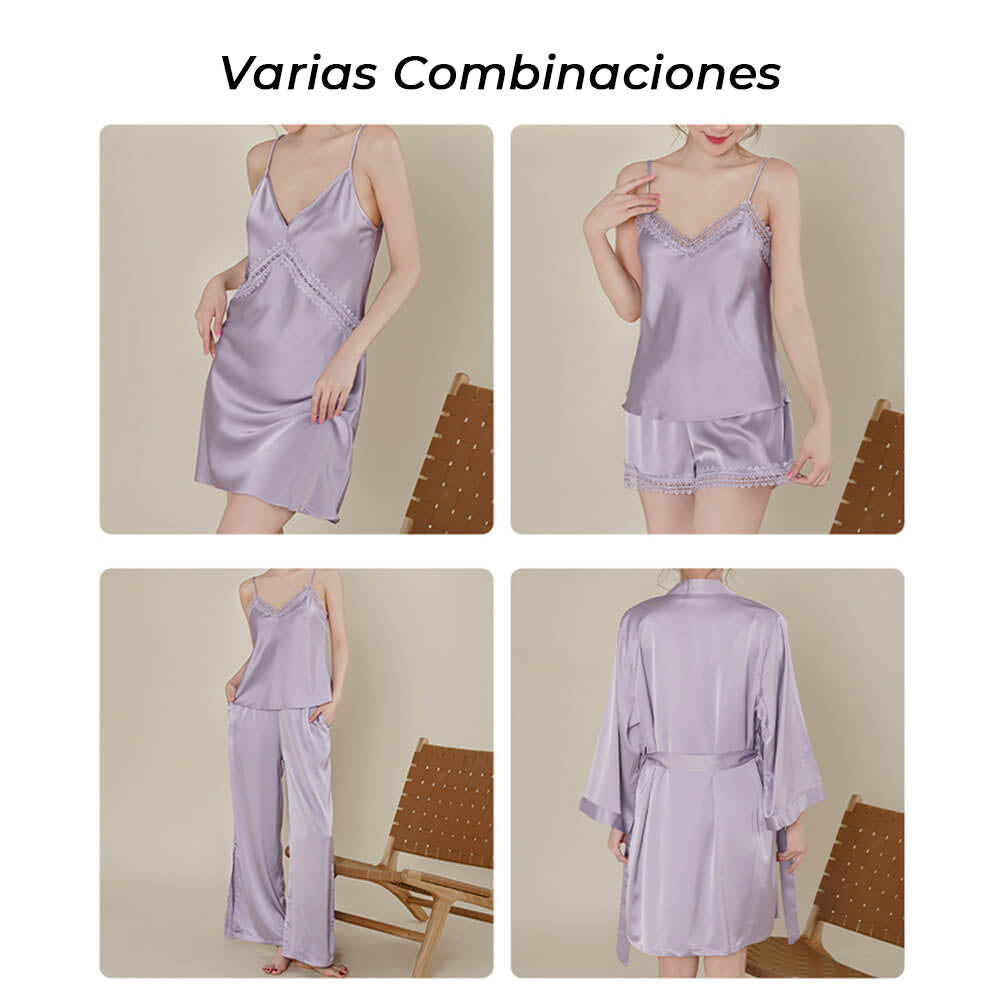 Conjunto de pijama de satén de seda para mujer Cami ropa de dormir con bata