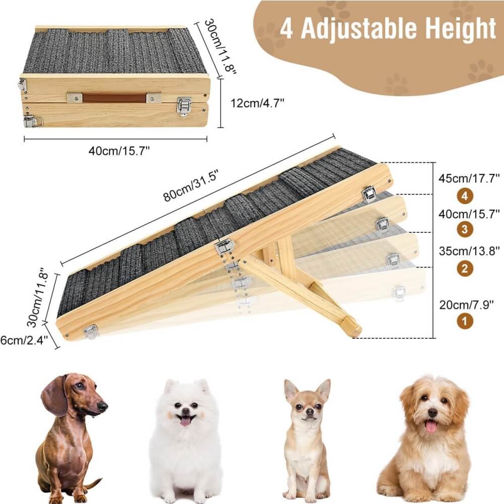 Rampa de perro de madera de 4 niveles, ajustable en altura, escaleras para perros plegables