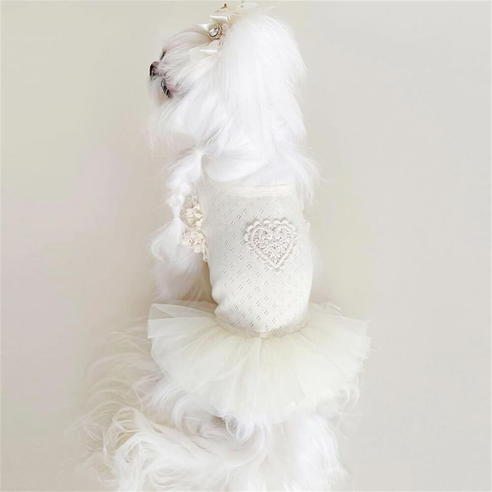 Elegante vestido de encaje blanco para perro con detalle de corazón: perfecto para ocasiones especiales