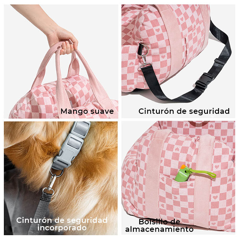 Cama para Asiento de Coche para Perros Vintage a Cuadros con Corazones